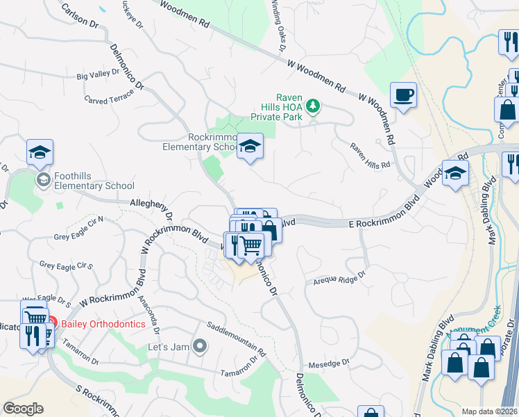map of restaurants, bars, coffee shops, grocery stores, and more near 152 West Rockrimmon Boulevard in Colorado Springs