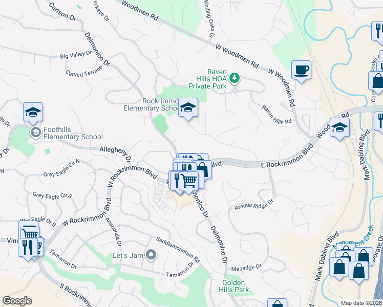 map of restaurants, bars, coffee shops, grocery stores, and more near 152 West Rockrimmon Boulevard in Colorado Springs
