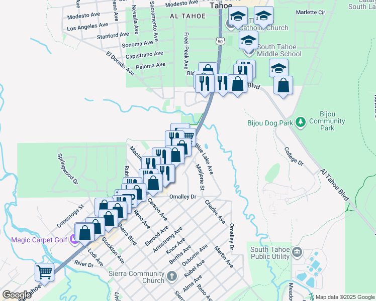 map of restaurants, bars, coffee shops, grocery stores, and more near in South Lake Tahoe