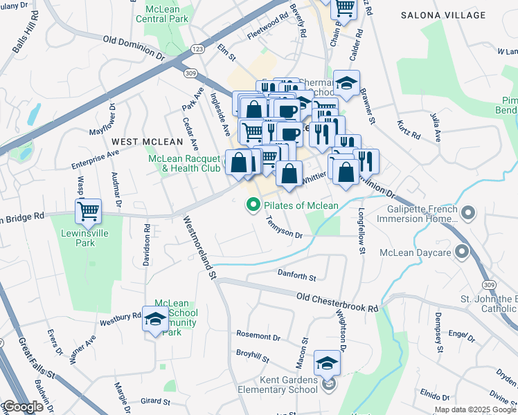 map of restaurants, bars, coffee shops, grocery stores, and more near in McLean