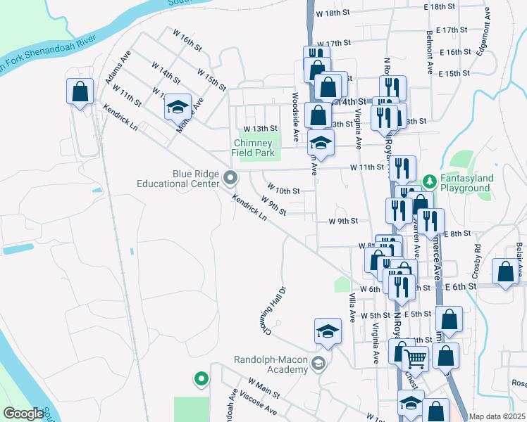 map of restaurants, bars, coffee shops, grocery stores, and more near 353 Kendrick Lane in Front Royal