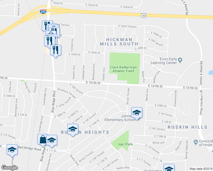 map of restaurants, bars, coffee shops, grocery stores, and more near 7610 East 108th Street in Kansas City