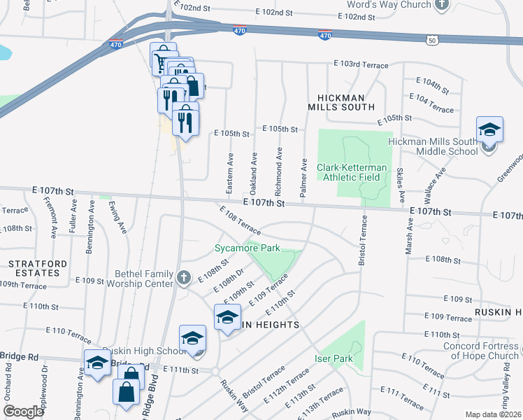 map of restaurants, bars, coffee shops, grocery stores, and more near 7402 East 108th Street in Kansas City