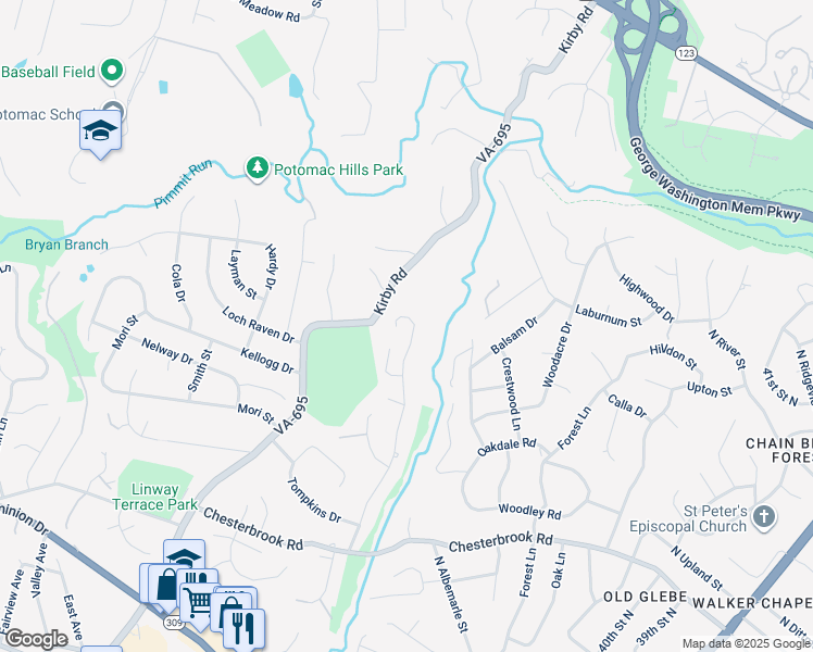 map of restaurants, bars, coffee shops, grocery stores, and more near 1574 Maddux Lane in McLean