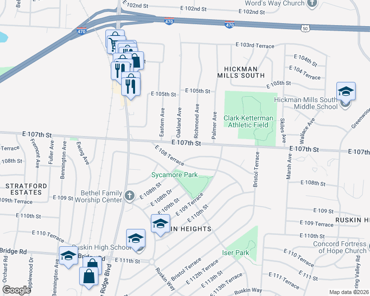 map of restaurants, bars, coffee shops, grocery stores, and more near 7402 East 108th Street in Kansas City
