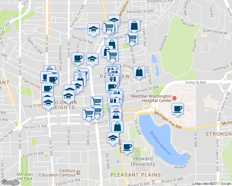 map of restaurants, bars, coffee shops, grocery stores, and more near 3205 Georgia Avenue Northwest in Washington