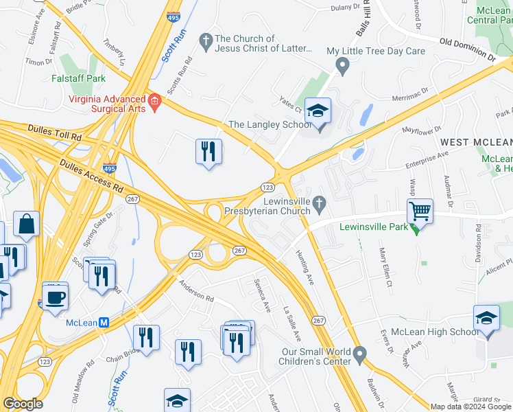 map of restaurants, bars, coffee shops, grocery stores, and more near 7418 Eldorado Street in McLean