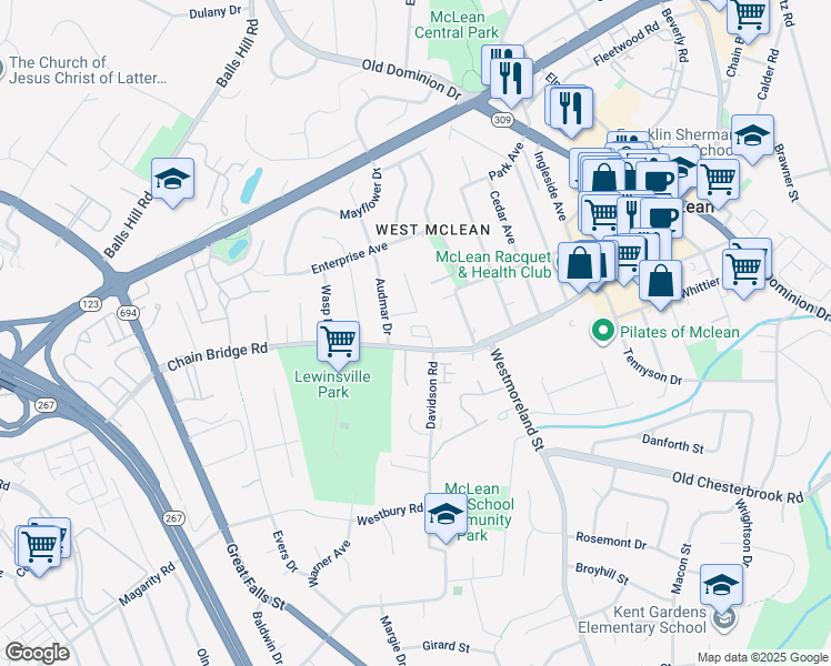map of restaurants, bars, coffee shops, grocery stores, and more near Chain Bridge Road in McLean