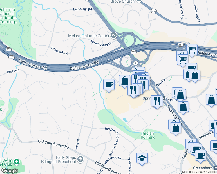 map of restaurants, bars, coffee shops, grocery stores, and more near 1473 Northern Neck Drive in Vienna