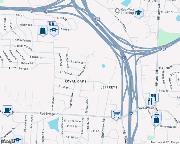 map of restaurants, bars, coffee shops, grocery stores, and more near 4800 Grandview Road in Kansas City