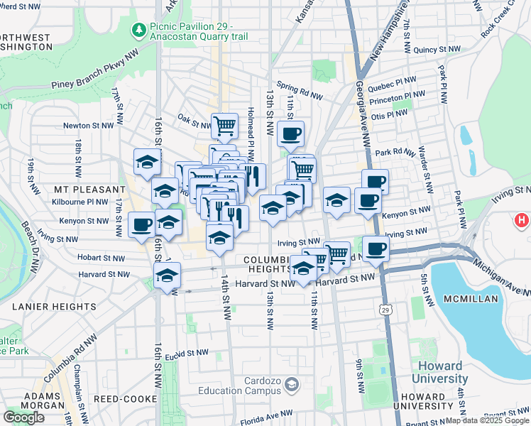 map of restaurants, bars, coffee shops, grocery stores, and more near 3210 13th Street Northwest in Washington