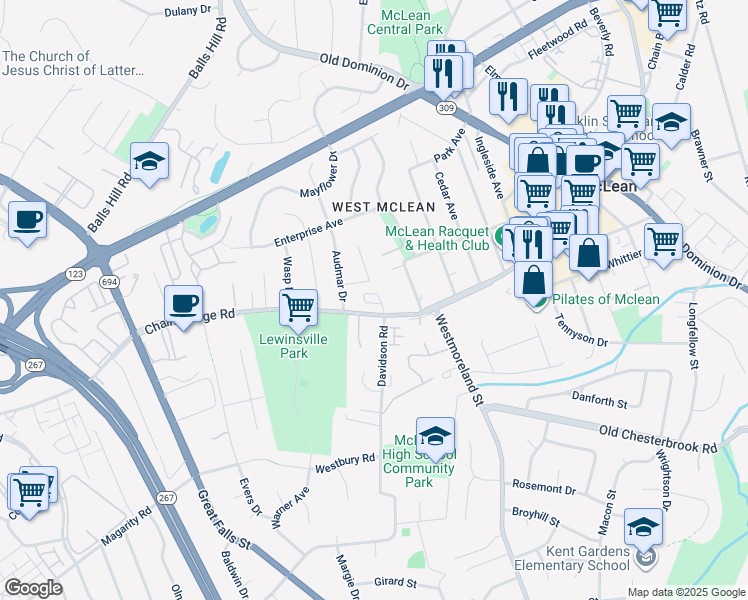 map of restaurants, bars, coffee shops, grocery stores, and more near 7043 Liberty Lane in McLean