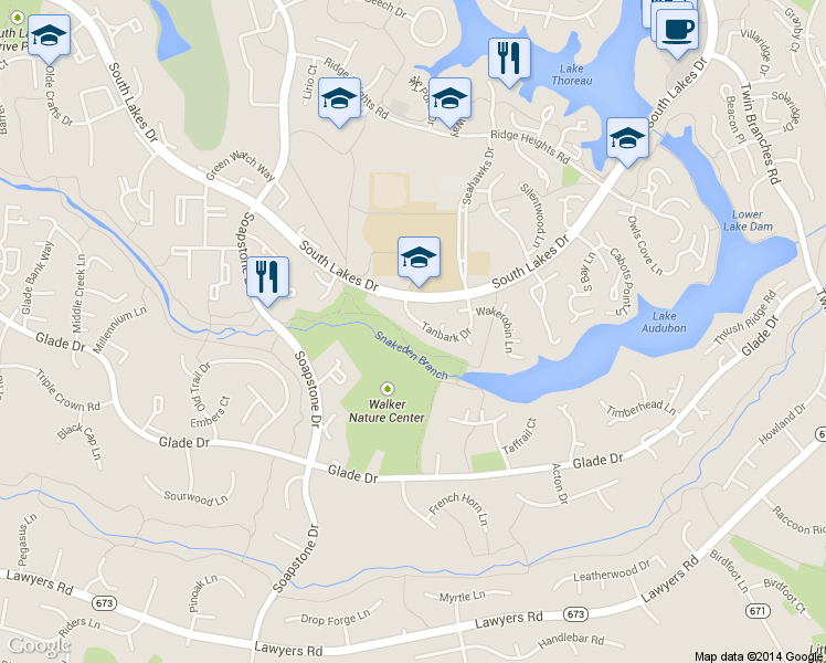 map of restaurants, bars, coffee shops, grocery stores, and more near 11439 Tanbark Drive in Reston
