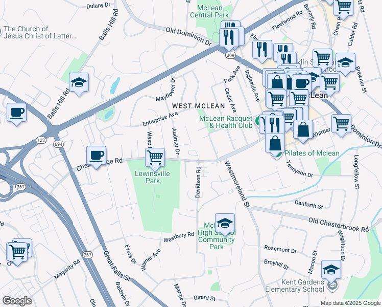 map of restaurants, bars, coffee shops, grocery stores, and more near 7049 Liberty Lane in McLean