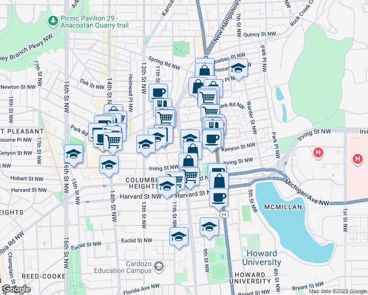 map of restaurants, bars, coffee shops, grocery stores, and more near 3227 Sherman Avenue Northwest in Washington