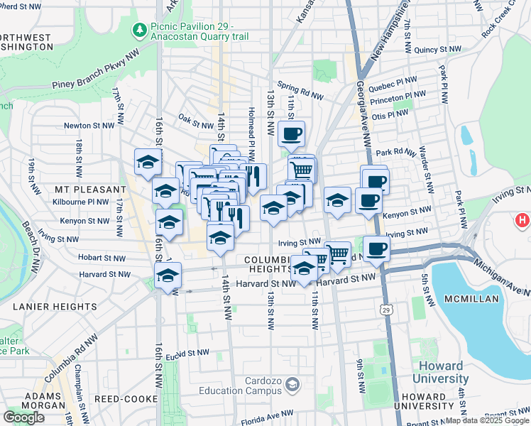 map of restaurants, bars, coffee shops, grocery stores, and more near 3210 13th Street Northwest in Washington