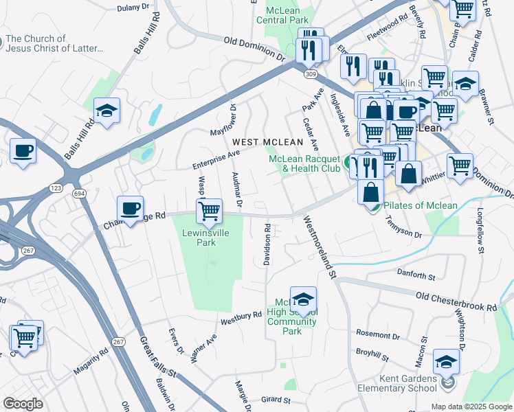 map of restaurants, bars, coffee shops, grocery stores, and more near 7049 Liberty Lane in McLean