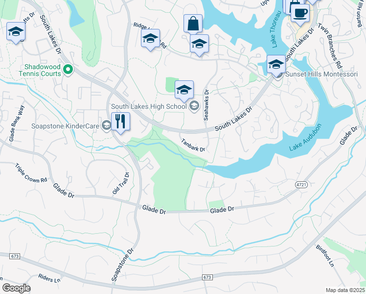 map of restaurants, bars, coffee shops, grocery stores, and more near 11439 Tanbark Drive in Reston