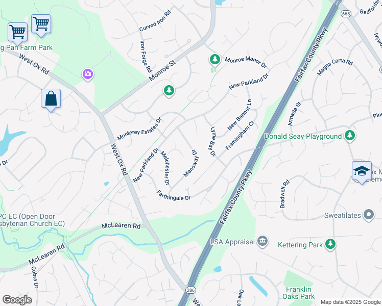 map of restaurants, bars, coffee shops, grocery stores, and more near 2772 Mansway Drive in Herndon