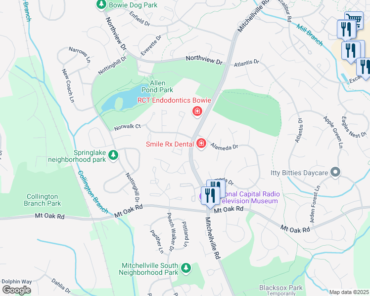 map of restaurants, bars, coffee shops, grocery stores, and more near 2935 November Court in Bowie