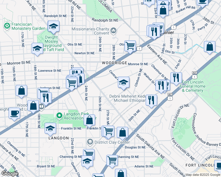 map of restaurants, bars, coffee shops, grocery stores, and more near 2621 Myrtle Avenue Northeast in Washington