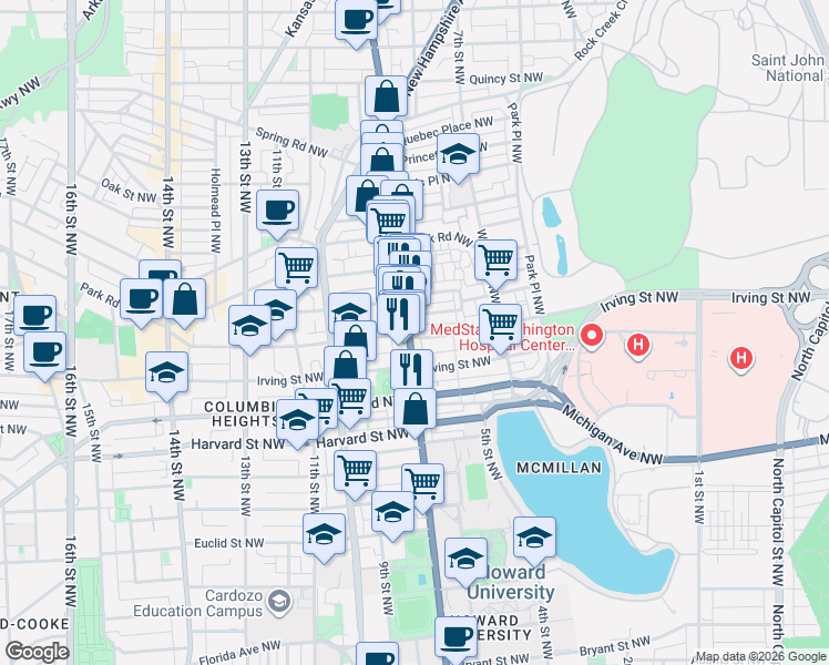 map of restaurants, bars, coffee shops, grocery stores, and more near 3205 Georgia Avenue Northwest in Washington