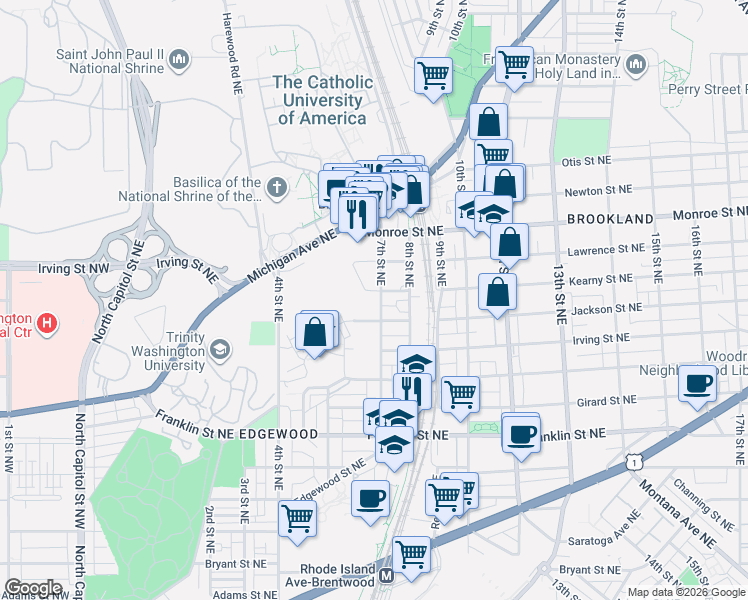 map of restaurants, bars, coffee shops, grocery stores, and more near 3230 7th Street Northeast in Washington