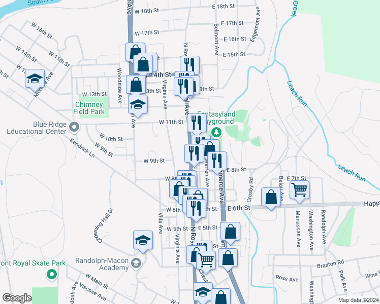 map of restaurants, bars, coffee shops, grocery stores, and more near 900 North Royal Avenue in Front Royal