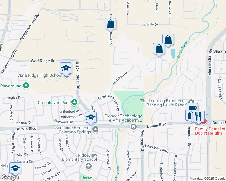 map of restaurants, bars, coffee shops, grocery stores, and more near 7185 Flowering Almond Drive in Colorado Springs