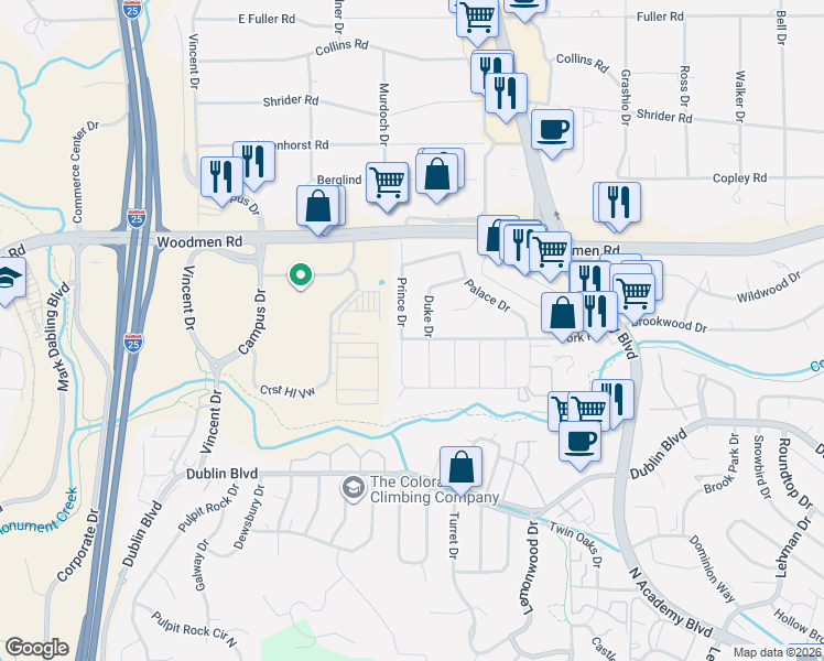 map of restaurants, bars, coffee shops, grocery stores, and more near 1263 York Road in Colorado Springs
