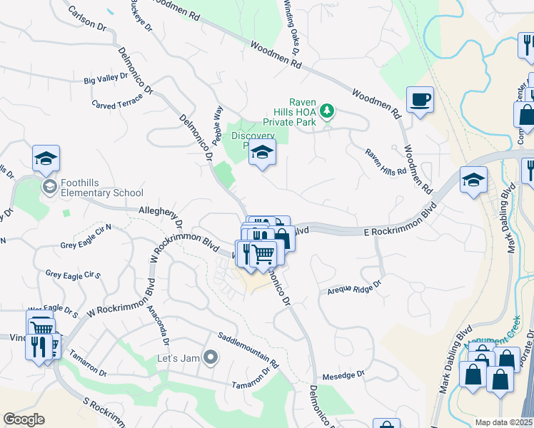 map of restaurants, bars, coffee shops, grocery stores, and more near 152 West Rockrimmon Boulevard in Colorado Springs