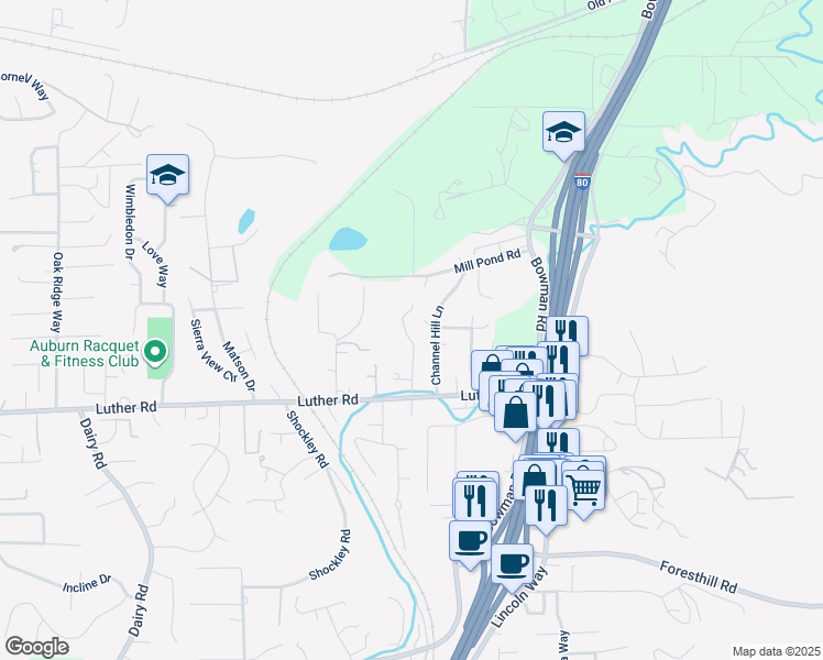 map of restaurants, bars, coffee shops, grocery stores, and more near 223 Channel Hill Lane in Auburn