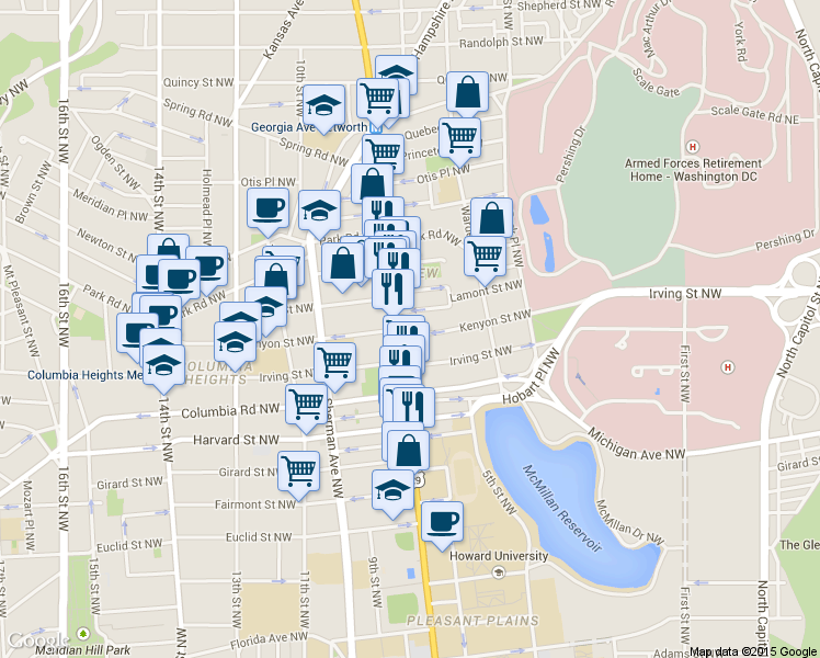 map of restaurants, bars, coffee shops, grocery stores, and more near 101 Independence Avenue Southeast in Washington