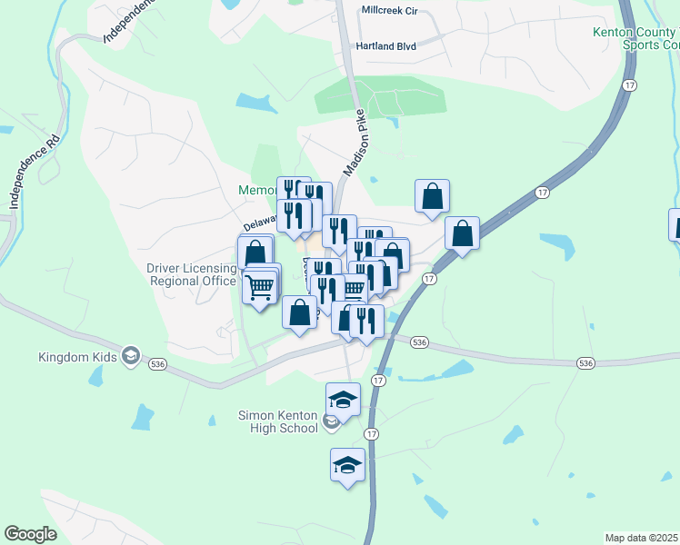 map of restaurants, bars, coffee shops, grocery stores, and more near 5468 Madison Pike in Independence