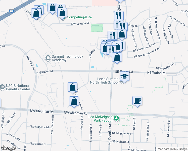 map of restaurants, bars, coffee shops, grocery stores, and more near 813 Northwest Main Street in Lee's Summit