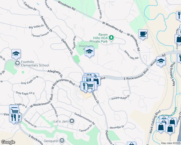 map of restaurants, bars, coffee shops, grocery stores, and more near 6755 Delmonico Drive in Colorado Springs