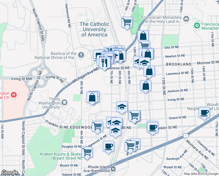 map of restaurants, bars, coffee shops, grocery stores, and more near 3230 7th Street Northeast in Washington