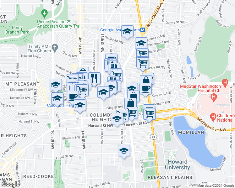 map of restaurants, bars, coffee shops, grocery stores, and more near 3213 11th Street Northwest in Washington