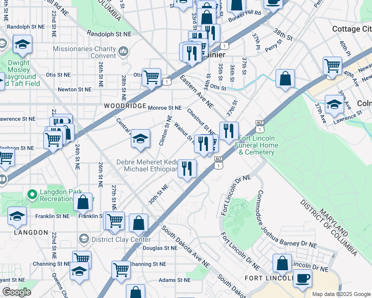 map of restaurants, bars, coffee shops, grocery stores, and more near 3061 Vista Street Northeast in Washington