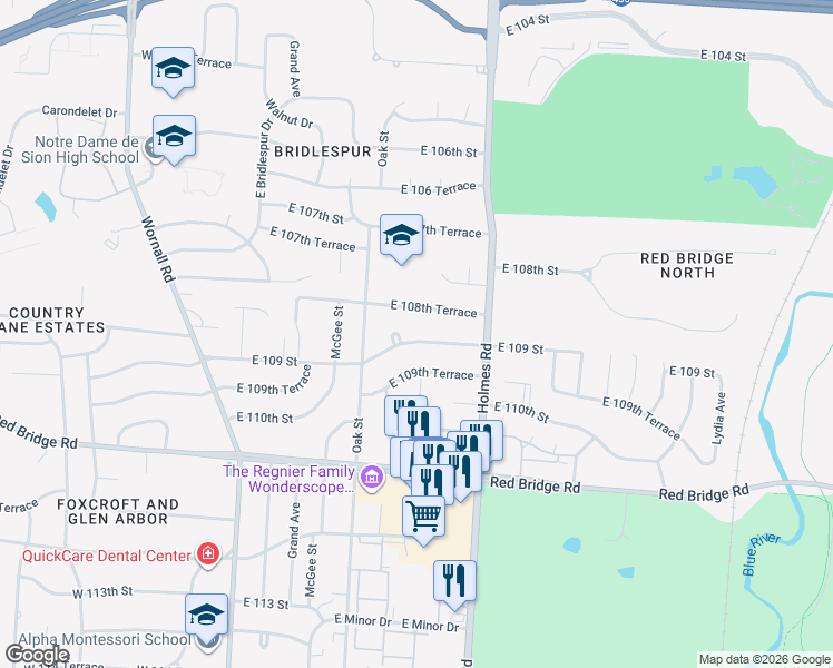 map of restaurants, bars, coffee shops, grocery stores, and more near 509 East 109th Street in Kansas City
