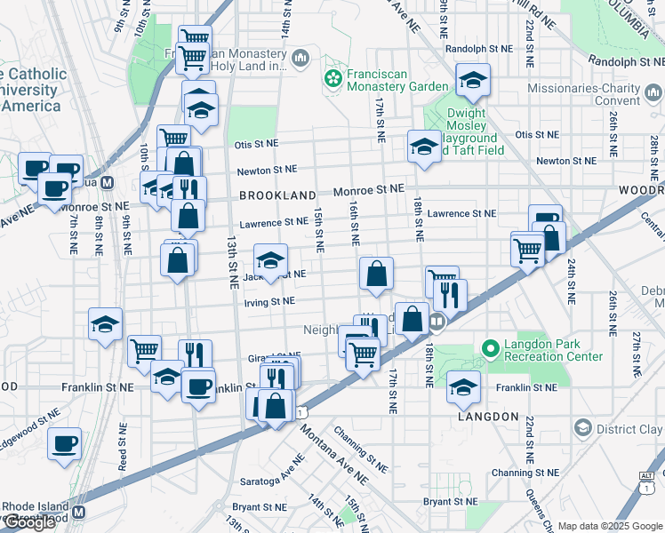 map of restaurants, bars, coffee shops, grocery stores, and more near 1510 Jackson Street Northeast in Washington