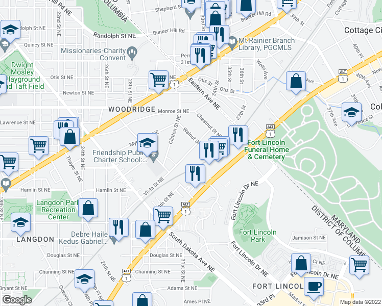 map of restaurants, bars, coffee shops, grocery stores, and more near 3059 Vista Street Northeast in Washington
