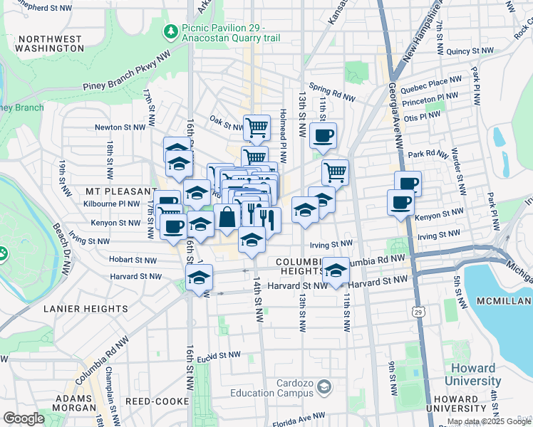 map of restaurants, bars, coffee shops, grocery stores, and more near 1375 Kenyon Street Northwest in Washington
