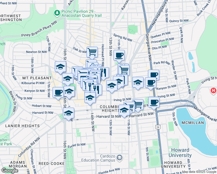 map of restaurants, bars, coffee shops, grocery stores, and more near 3212 13th Street Northwest in Washington