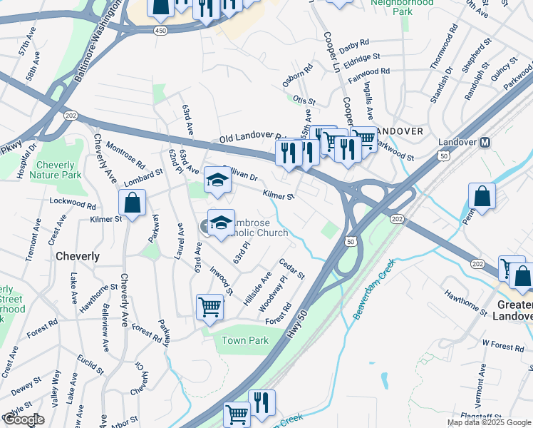 map of restaurants, bars, coffee shops, grocery stores, and more near 3220 Cheverly Hills Court in Cheverly