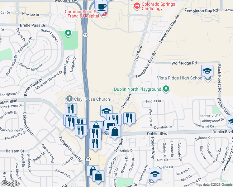 map of restaurants, bars, coffee shops, grocery stores, and more near 6500-6666 Templeton Gap Road in Colorado Springs