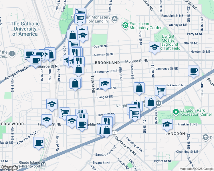 map of restaurants, bars, coffee shops, grocery stores, and more near 3210 14th Street Northeast in Washington