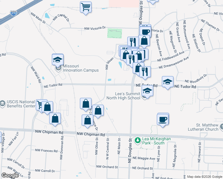 map of restaurants, bars, coffee shops, grocery stores, and more near 813 Northwest Main Street in Lee's Summit