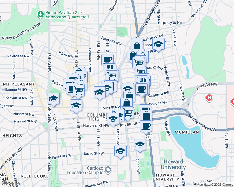 map of restaurants, bars, coffee shops, grocery stores, and more near 3213 11th Street Northwest in Washington