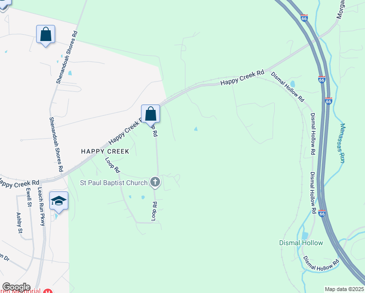 map of restaurants, bars, coffee shops, grocery stores, and more near John East Drive in Front Royal